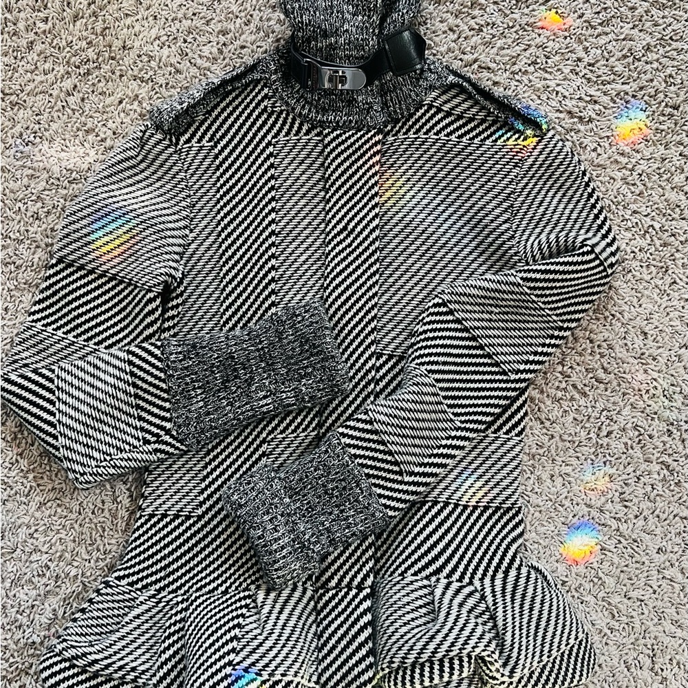 Burberry Wool Cashmere Knit Jacket Leather Trim Funnel Neck Black Ivory Coat